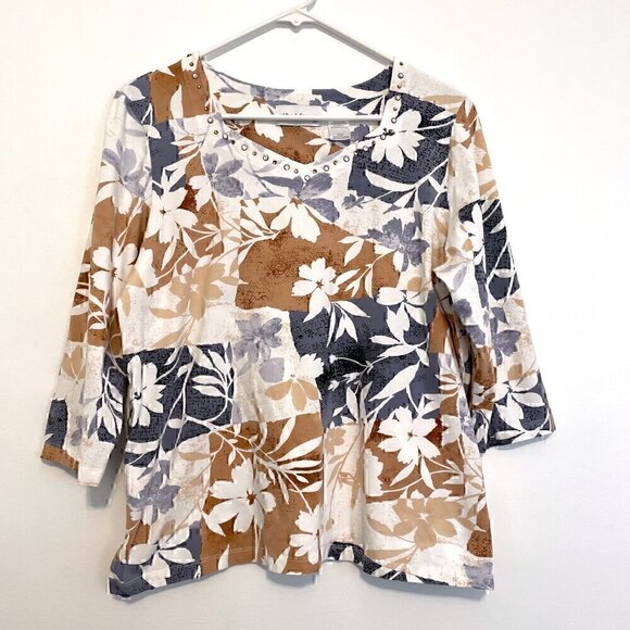 ALFRED DUNNER White Brown Tan Gray ? Floral Patchwork Studded 3/4 Sleeve Blouse - Picture 1 of 13